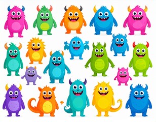 Fototapeta premium Cute monsters. Halloween cartoon monsters characters, funny fluffy creature, gremlin 