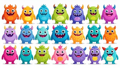 Obraz premium Cute monsters. Halloween cartoon monsters characters, funny fluffy creature, gremlin 