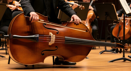 Close-up of a Double Bass in an Orchestra Performance Music and Instruments