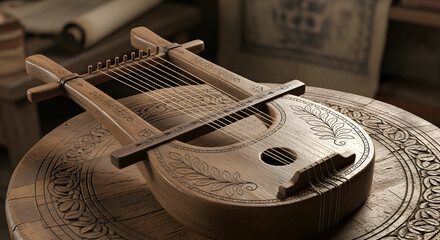 A beautifully crafted wooden lyre, a classical string instrument symbolizing ancient music, poetry, and art