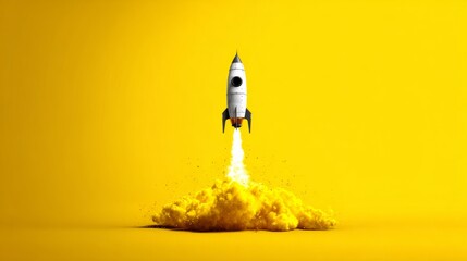 Abstract rocket blasting upward on yellow gradient background, symbol of creativity, invention, and progress