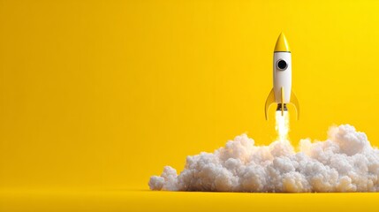 Abstract rocket blasting upward on yellow gradient background, symbol of creativity, invention, and progress