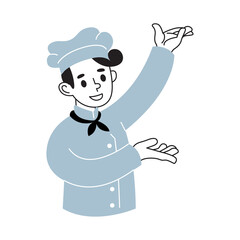 Smiling Chef in Light Blue Uniform Presenting with Open Hands on a Transparent Background with White Outline Details