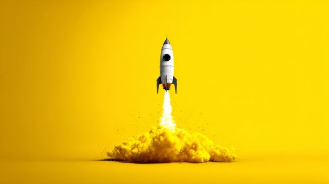 Abstract rocket blasting upward on yellow gradient background, symbol of creativity, invention, and progress - Powered by Adobe