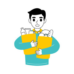 Smiling Man In Teal Shirt And Yellow Vest Carries Two Yellow Grocery Bags Filled With Various Food Items Isolated On A White Background