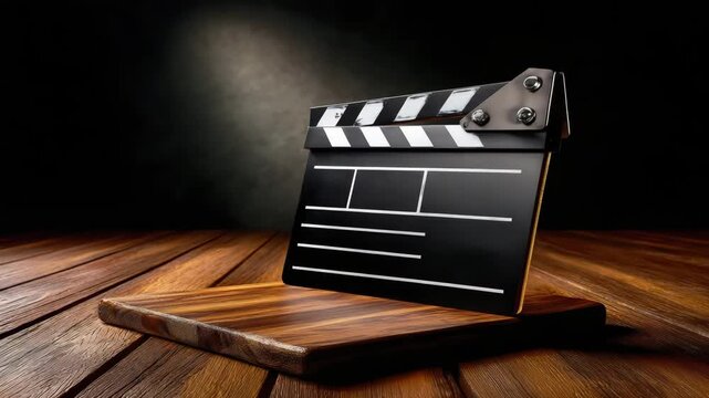 Clapperboard on wooden table ready for filming in a studio setting