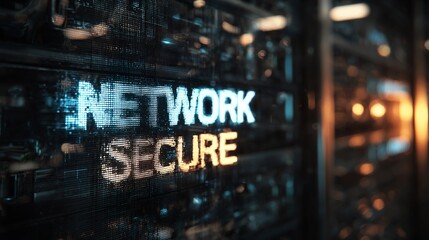 Close-up of illuminated text 'NETWORK SECURE' on a digital display, representing cybersecurity and data protection technologies.