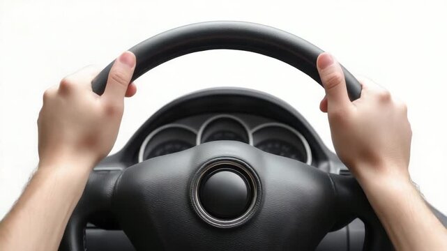 Hands gripping steering wheel while driving on a clear day