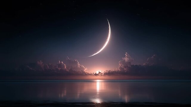 A Tranquil Seascape Under the Crescent Moon and Starry Sky
