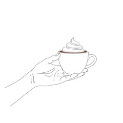 Vector art of a hand holding a white coffee cup filled with hot beverage topped with whipped cream, presented in a minimalist line art style, isolated on a, perfect for cafe or beverage promotions