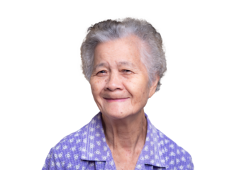 Happy toothless elderly woman smiling with gray hair and wrinkles.