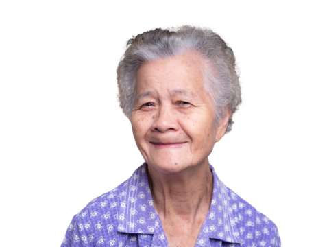 Happy toothless elderly woman smiling with gray hair and wrinkles.
