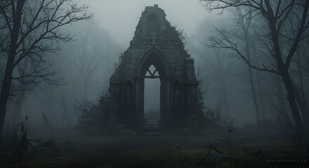 Obraz premium Ruined stone archway stands shrouded in mist within a dark and mysterious forest scene.