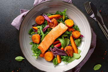 Educational food photography showing a balanced meal with salmon and vegetables for youth wellness
