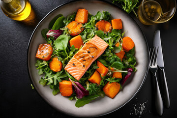 Freshly prepared salmon dish with colorful greens encouraging balanced diets and wellness education
