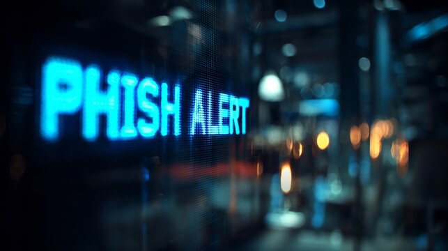 A close-up of a digital display showing 'PHISH ALERT' illuminated in blue against a blurred background.