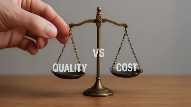 Quality cost balance concept with hand adjusting metal scale balance for decision making comparison and financial planning on wooden table