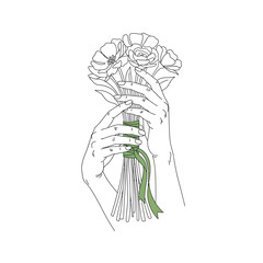 Vector art of elegant hands delicately holding a beautiful bouquet of roses, rendered in a minimalist line drawing style, evoking romance, beauty, and floral artistry