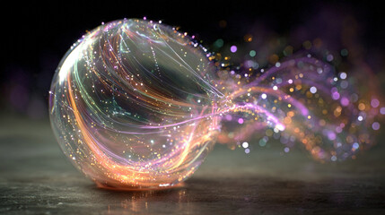 A hyperrealistic glowing orb surrounded by orbiting neon particles leaving luminous trails, symbolizing energy, motion, and the interconnected flow of futuristic technology.