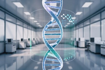 A striking 3D DNA structure is displayed in a hightech lab with advanced interfaces for innovative research