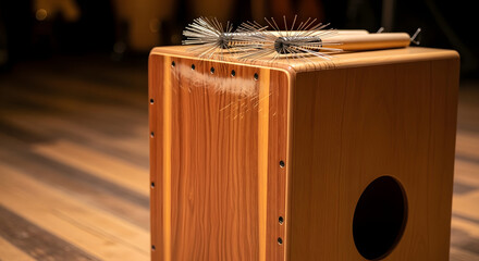 Percussion instrument cajon with brushes on a wooden floor with a dark blurred background