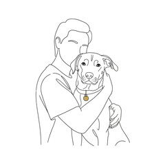 Vector art of a heartfelt line art portrait of a man tenderly embracing his dog, capturing the deep bond and unconditional love between human and pet, isolated on a