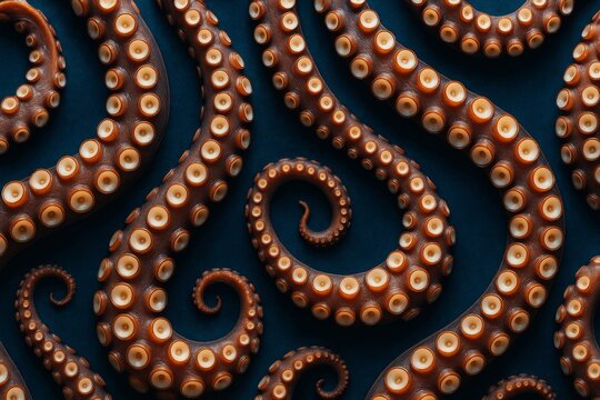 Abstract composition of curled octopus tentacles with suction cups on dark background in stylized artistic light pattern. Ai generative. Ai generative