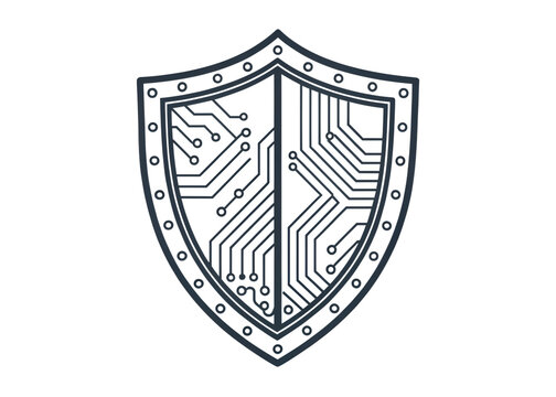 Futuristic Circuit Shield Icon: Cybersecurity Digital Protection Vector Emblem