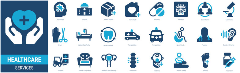 HEALTHCARE SERVICES Icon Set containing  Psychologist, Hospitals, Medical Supplies, Home Health, Pharmacy, Radiology, Social Worker, Laboratories, Surgery icons. Glyph duo tone style icon collections.