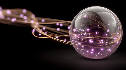 A hyperrealistic glowing orb surrounded by orbiting neon particles leaving luminous trails, symbolizing energy, motion, and the interconnected flow of futuristic technology.