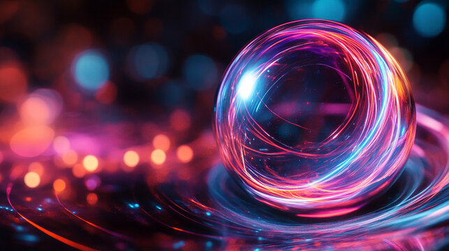 A hyperrealistic glowing orb surrounded by orbiting neon particles leaving luminous trails, symbolizing energy, motion, and the interconnected flow of futuristic technology.