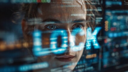 A focused young Caucasian woman examines digital security data on a screen, symbolizing cybersecurity and technology innovation.