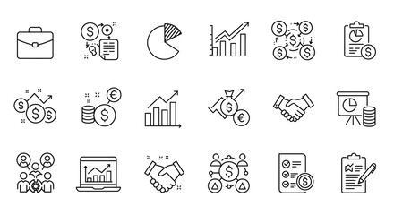 Financial analytics and business management vector icons, perfect for representing growth, investment, and collaboration strategies