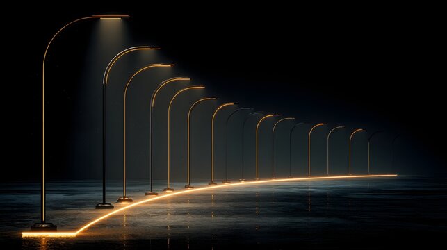 3D render of modern minimalist street lights in a row illuminating a dark path with a glowing line, concept of guidance and future