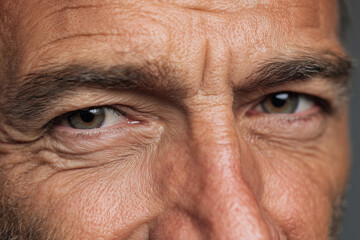 Eye of mature man with intense expression close up, Close up portrait of elderly person with wrinkles, close up of an old man face
