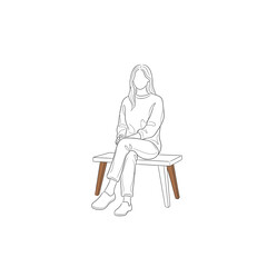 Fototapeta premium Vector art of minimalist line drawing of a woman sitting crosslegged on a simple wooden bench, , conveying a sense of calm and contemplation in a clean, modern aesthetic