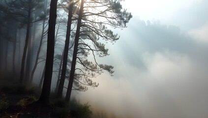 Fototapeta premium Dreamy Misty Landscape with Sunlight Rays over Forest or Valley in Soft Pastel Tones and Tranquil Mood