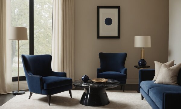 Elegant navy velvet armchairs invite sophisticated conversation in a stylish modern living room with curated art and refined decor elements
