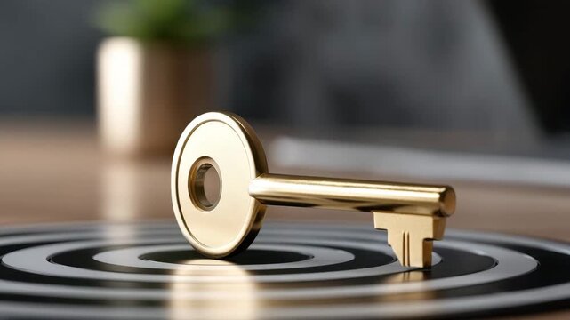 Golden key on black and white target symbolizing success achievement business goal focus symbol metal unlocking potential reaching goals determination inspiring atmosphere