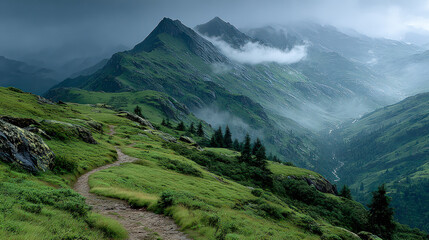 Scenic mountain landscape with a winding trail through lush green hills and misty peaks, capturing nature, adventure, and tranquility.