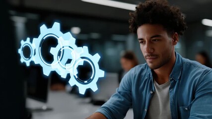 Young professional focused on digital gear icons and technology innovation, working with computer in modern office environment showcasing advanced work concepts and innovation - Powered by Adobe