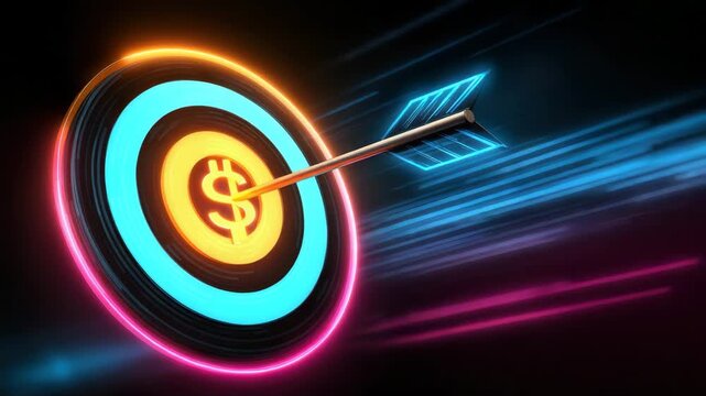 Neon glowing target with arrow hitting dollar symbol at center, glowing blue and pink rings, futuristic financial success concept with dynamic neon lights and precision streaks