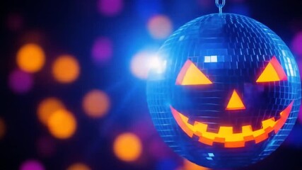 Spooky disco ball with jack-o'-lantern face illuminated by colorful lights, creating a festive Halloween party atmosphere - Powered by Adobe