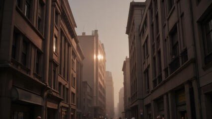 Obraz premium Urban street view in golden light, old buildings in city downtown, USA