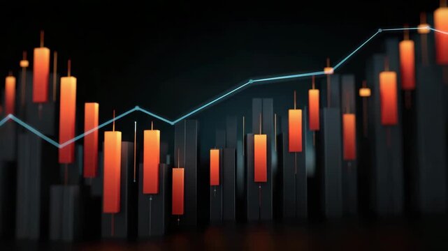 Financial chart with glowing orange candlesticks and blue upward trend line dark background showing market growth and analysis combined with stock market candlestick graph data visualization