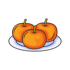 Three Ripe Orange Apples Pixel Art On A White Plate With A Transparent Background
