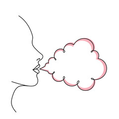 Vector art of a minimalist line drawing of a persons profile exhaling a cloud shape, isolated on a, symbolizing speech, thought, or breath