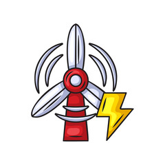 Stylized Red Wind Turbine with White Blades and Yellow Lightning Bolt Graphic on Transparent Background