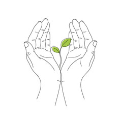 Vector art of delicate line drawing of cupped hands gently holding a small green sprout with two leaves, symbolizing growth and care