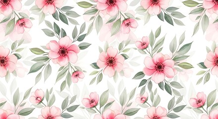 Watercolor Floral Pattern with Pink Flowers and Gray Leaves.